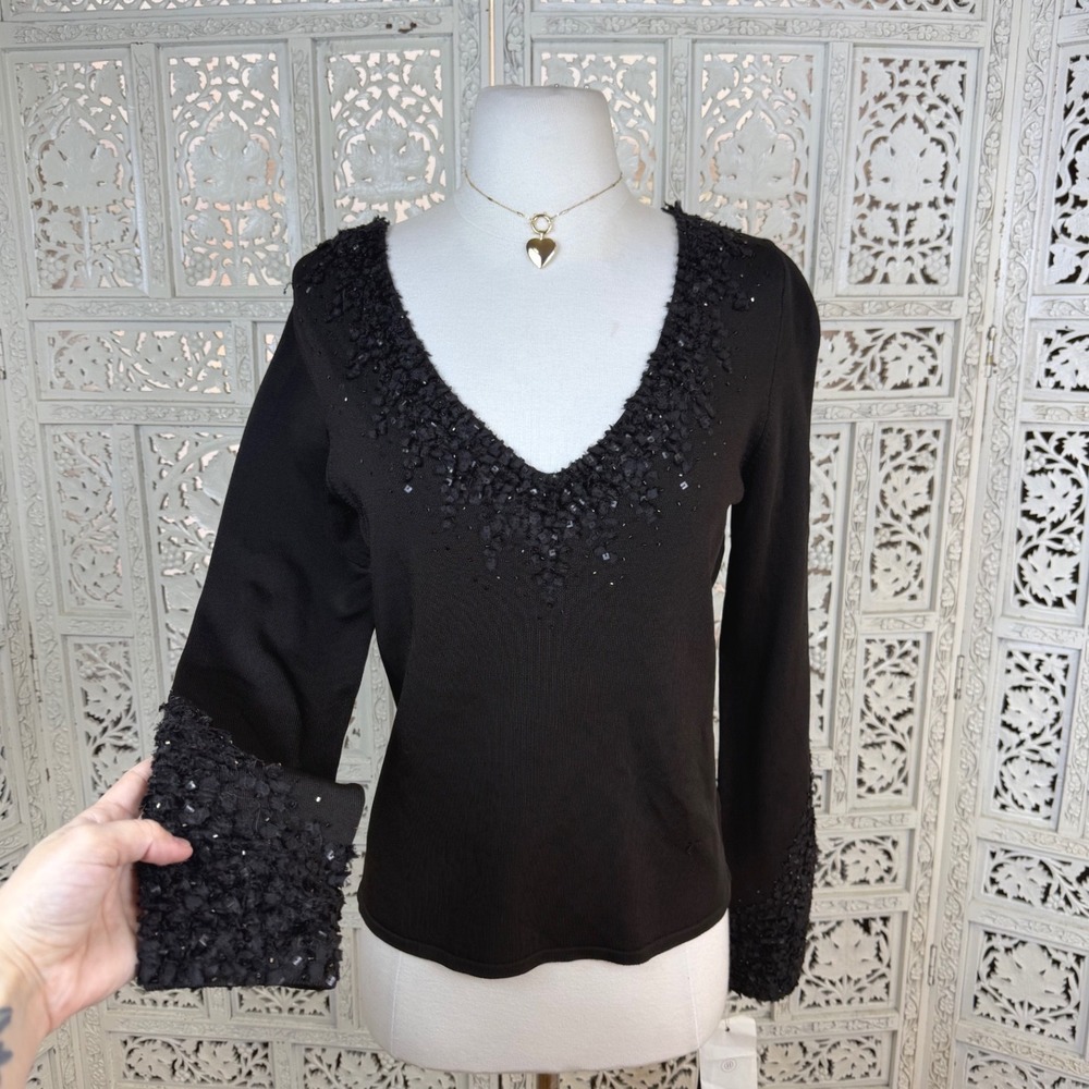Dana Buchman‎ NWT Chocolate Brown V Neck Beaded Blouse Sz Medium Fairy Sequin